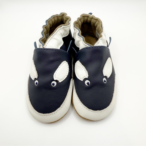 Robeez Leather Willie Navy Baby Boy Anti-Slip Soft Sole Whale Hello shoes New - Picture 2 of 8